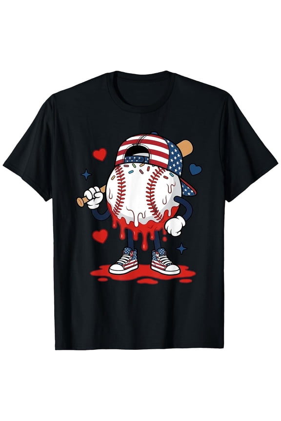 4th of July Baseball Ice Cream Drip Boy Kids T-Shirt, T-Shirt for Kids Youth, 180gsm, 100% Cotton
