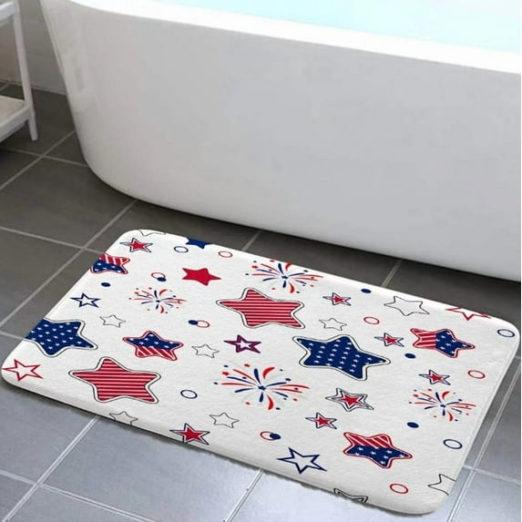 4th of July Bath Mat, American Patriotic Independence Day Bath Rug, Non Slip Bathroom Rug, Blue Red Stars Bathroom Decor Non-Slip, 17X29in