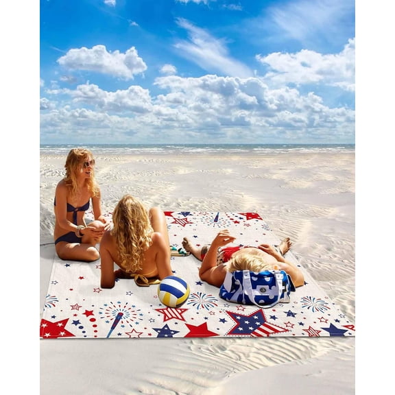 4th of July Beach Blanket Waterproof Sandproof Large Outdoor Picnic Mat with Stakes Patriotic Liberty Fireworks Design for Camping and Beach