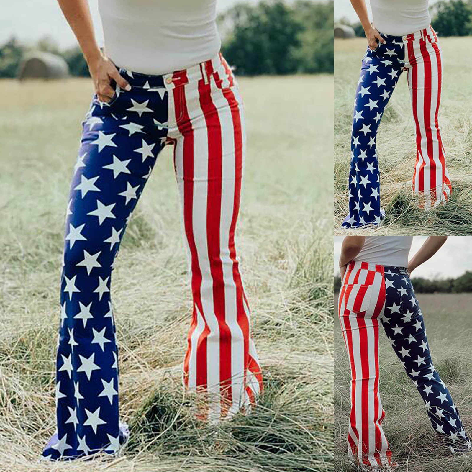 4th of July Bell Bottoms Jeans for Womens Trendy American Flag Printed Mid  Ripped Wide Leg Denim Pants with Pocket 