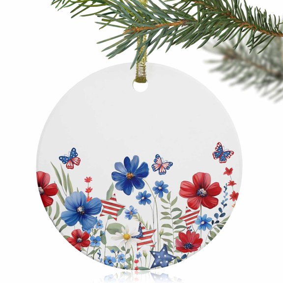 4th of July Blue Red Flower Butterfly Christmas Ceramic Ornament 2025,3" Round Xmas Tree Hanging Accessories with Gold Ribbon