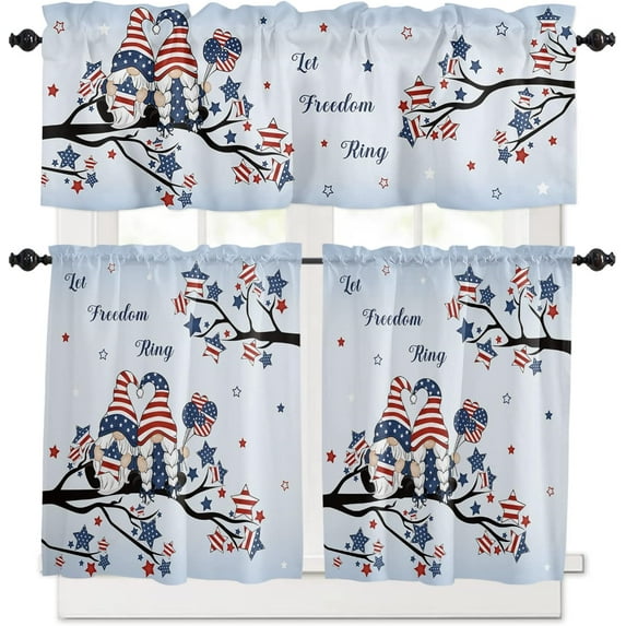 4th of July Blue Red Star Tree Gnomes Kitchen Curtains Set | 36" Tier Curtains & Ombre Valances | Independence Day Decor