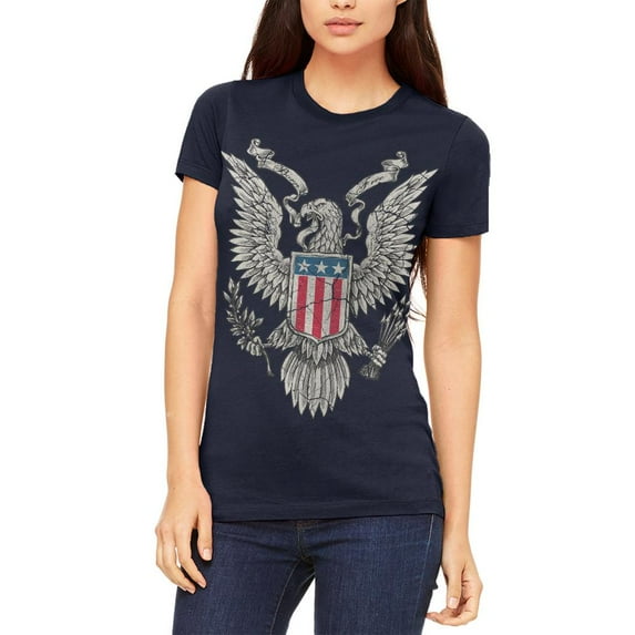4th of July Born Free Distressed Vintage Eagle Juniors Soft T Shirt Navy MD