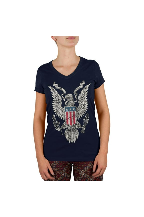4th of July Born Free Distressed Vintage Eagle Juniors V-Neck T Shirt Navy SM