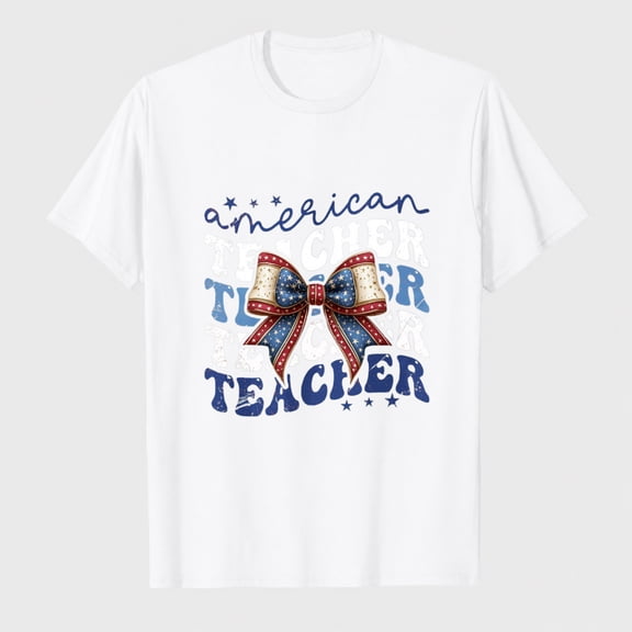 4th of July Bow Women-Vintage American Teach Bow Shirt USA Flag Tee Top Patriotic