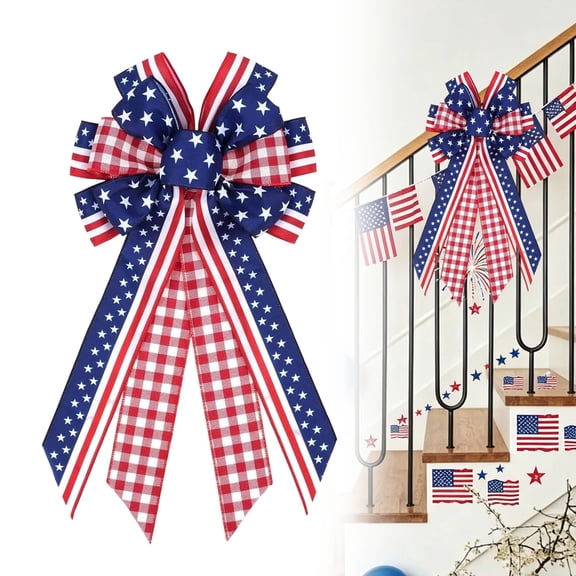 4th of July Bows for Wreath, Patriotic Decor Bows, Independence Day, Memorial Day, Tree Topper Bow for Front Door Outdoor Decoration