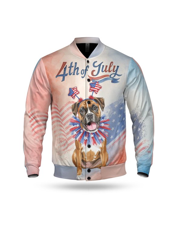 4th of July Boxer Celebrates Independence Day All Over Print 3D Baseball Jacket Boxers Dog Lover Gifts Idea Bomber Jacket Softball - 12010