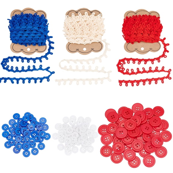 4th of July Braid Trim with Button Loops 30 Yard Gimp Elastic Lace Trim Zipper Extender Upholstery Trim with 150pcs Sewing Buttons