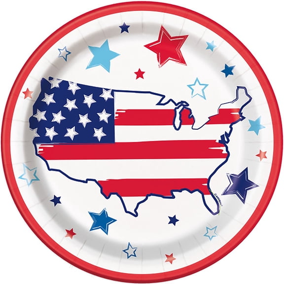 Various 10-Inch Bright Stars and Stripes Disposable Paper Plates, 8 Count