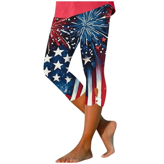 4th of July Capris Leggings for Women, Plus Size Summer High Waist Independence Day Yoga Stetchy Cropped Trousers Navy XL