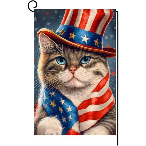 4th of July Cat Garden Flag 12x18 Vertical Double Sided Patriotic USA Flag Independence Day Memorial Day Outside Decorations Burlap Yard Flag BW319