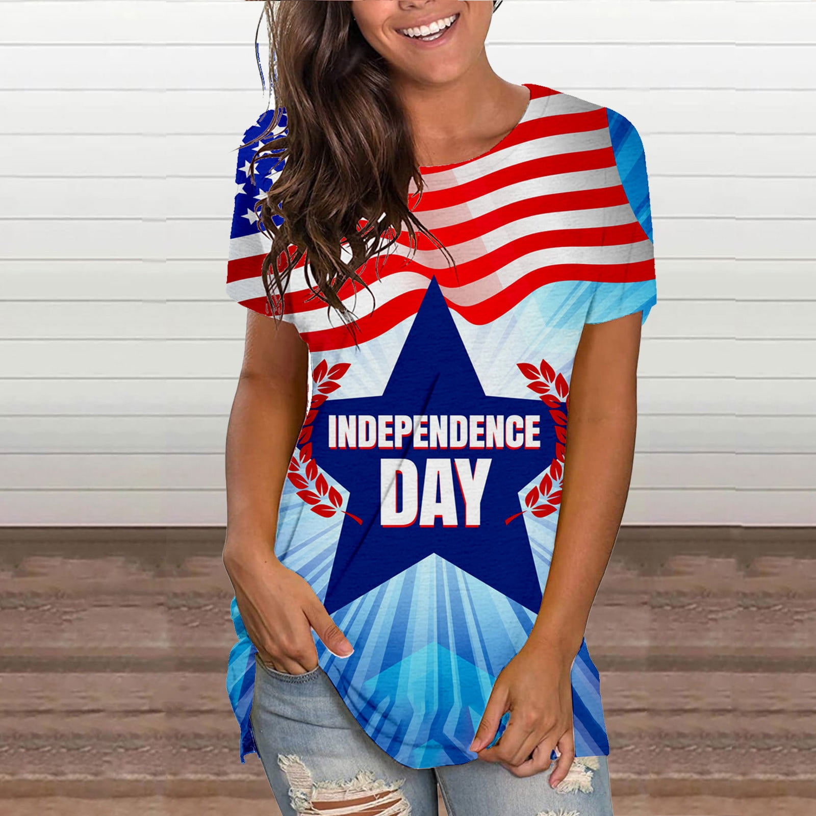 4th of July Clothing for Women O-Neck Shirts Trendy Independence Day ...