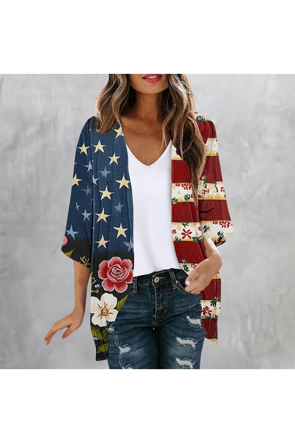 4th of July Coverups for Women Patriotic Kimono Cardigan