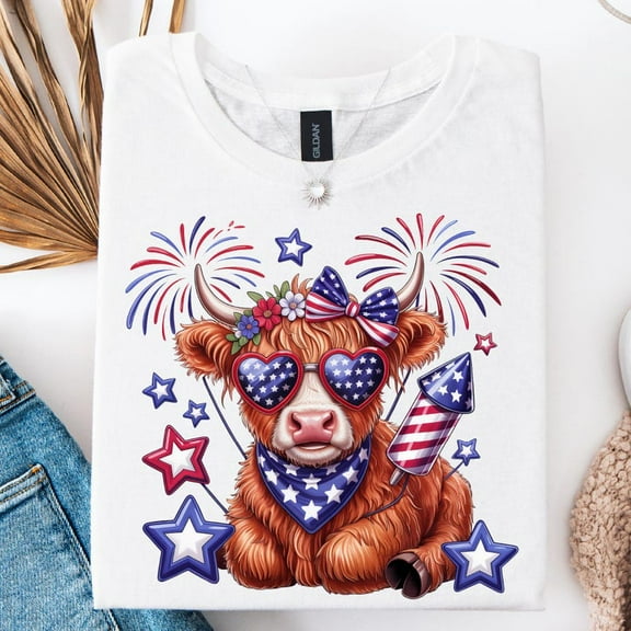 4th of July Cow T-Shirt, Patriotic Highland Cattle Tee with Fireworks, Cute USA Animal Graphic Shirt, Funny Independence Day Top