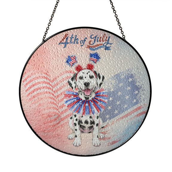 4th of July Dalmatian Celebrates Independence Day Stained Glass Suncatcher Dog Lover Window Hanging Sign Decor - 12010