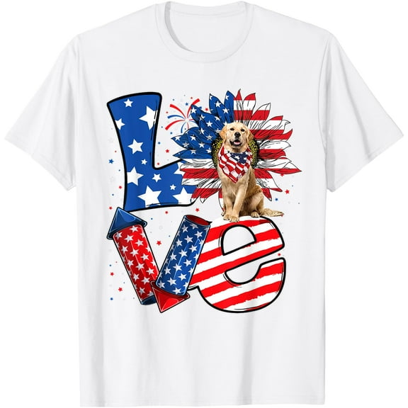 4th of July Decor Patriotic LOVE Golden Retriever Dog USA T-Shirt , White
