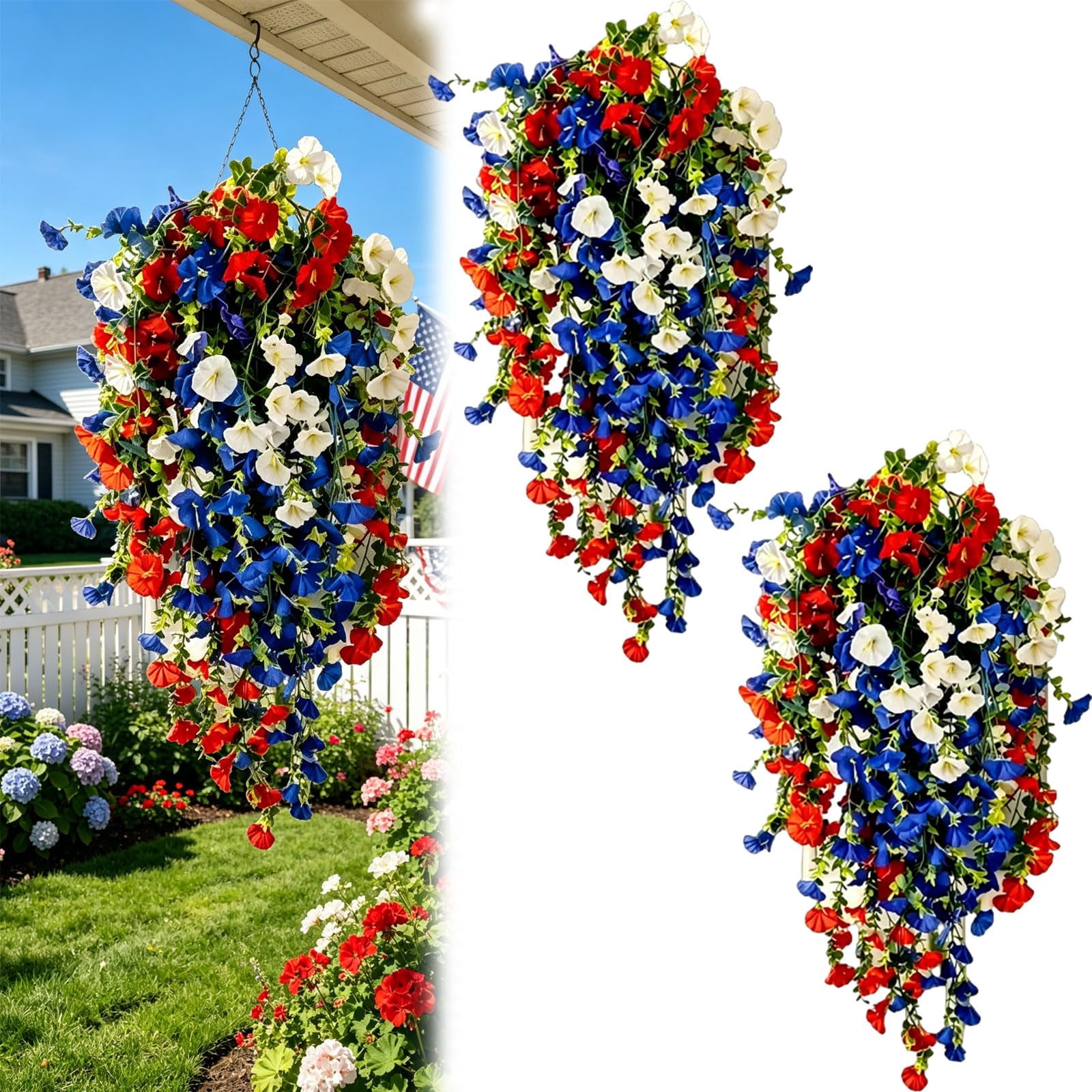 4th of July Decoration Tricolor Patriotic Artificial Flower, red White and Blue Artificial Flowers, for Outdoor Decor, Patio, Garden