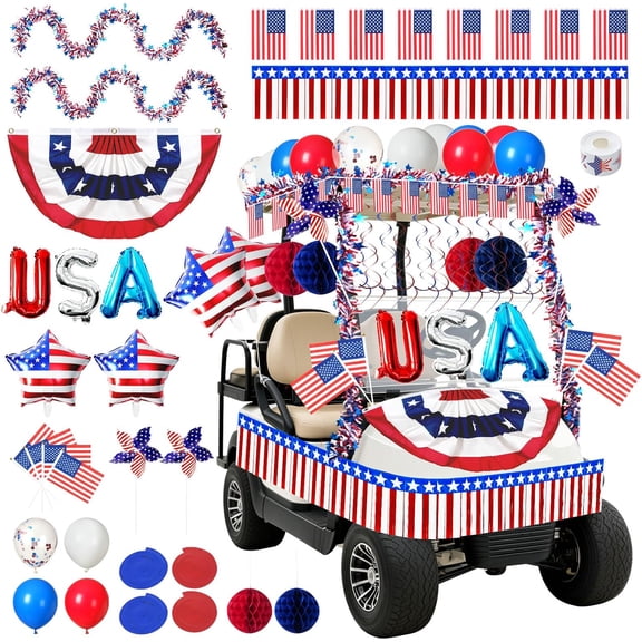 4th of July Decorations, 46 Pcs Patriotic Parade Decor Kit for Golf Cart, Bikes, Boats and Floats, Red White Blue USA 250th Anniversary Decorations