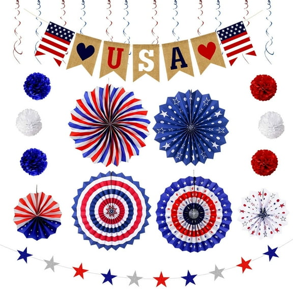 4th of July Decorations Patriotic Decorations Paper Fans Hanging Star Swirls Flag Banner for American Memorial Day Independence Day