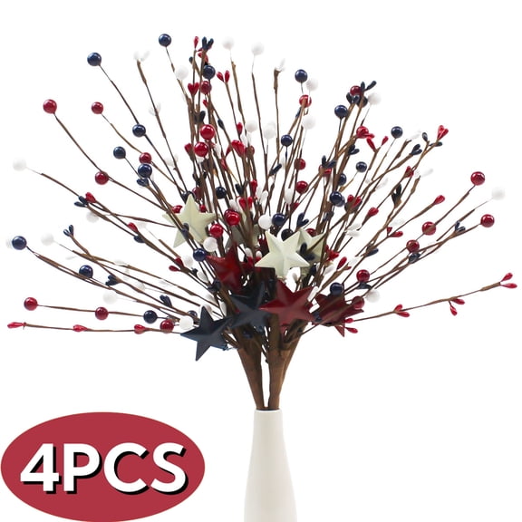 4th of July Decorations Patriotic Memorial Day Decorations Artificial Berry Stem Picks White Blue Red Stars 4PCS