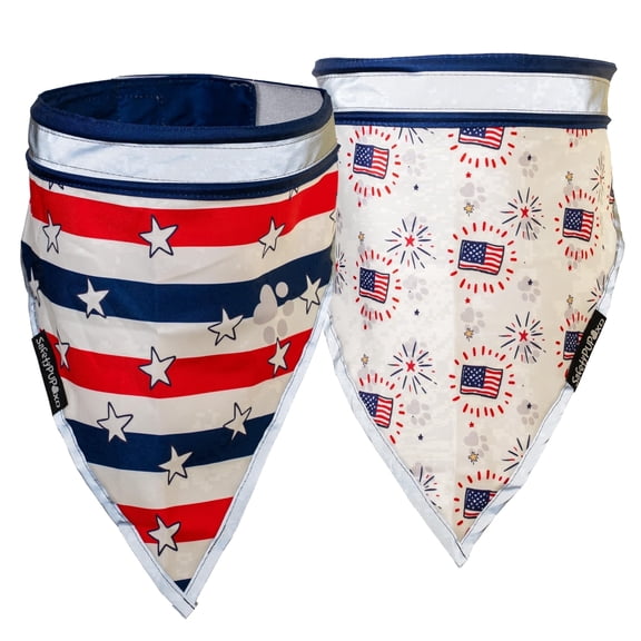 4th of July Dog Bandana 2 Pack - Reflective America Flag Design. Patriotic Pet Bandanas for Everyday Pride