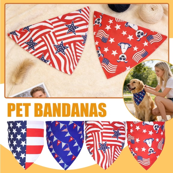 4th of July Dog Triangular Bandanas for Dogs USA Flag Stars Stripes Print Reversible Scarves Patriotic Independence Day Accessory