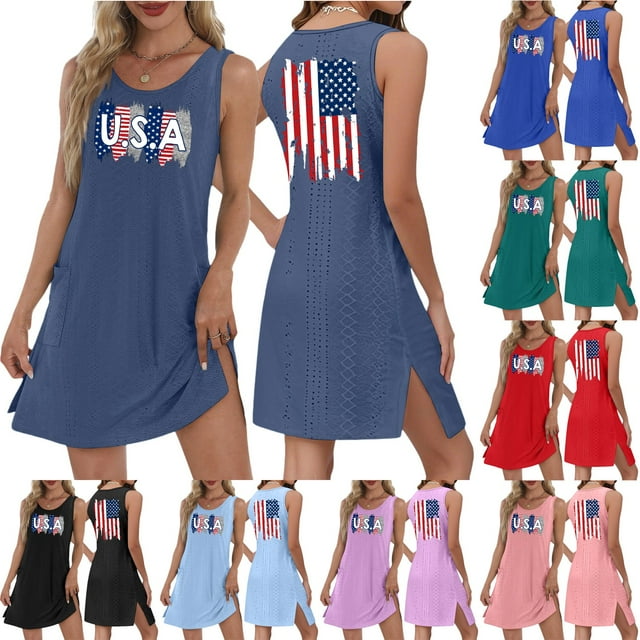 4th of July Dress for Women: American Flag Tank Dresses Star Striped Splicing Loose V Neck Sundresses Army Green M