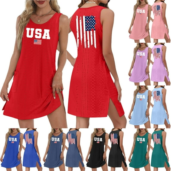 4th of July Dress for Women: American Flag Tank Dresses Star Striped Splicing Loose V Neck Sundresses Army Green M