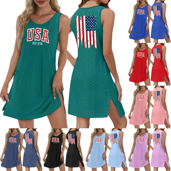4th of July Dress for Women: American Flag Tank Dresses Star Striped Splicing Loose V Neck Sundresses Purple Pink M