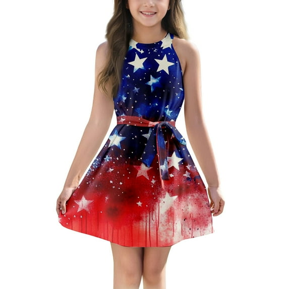 4th of July Dresses for Girls Stars Striped American Flag Dresses Halter Dress Independence Day Size 10-12 Lightweight Dresses with Pockets