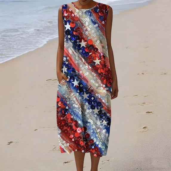4th of July Dresses for Women Summer Cotton Crew Neck Sleeveless Tank Dress Independence Day Print Beach Long Dresses with Pockets