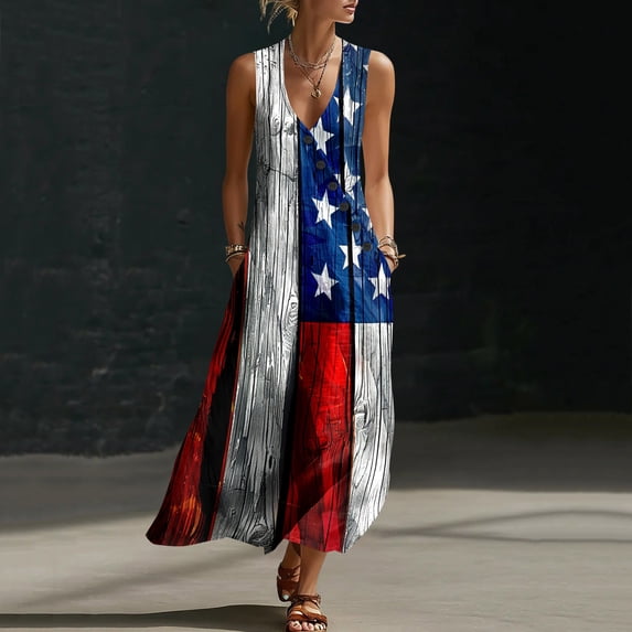 4th of July Dresses for Women Summer Cotton Deep V Neck Sleeveless Tank Dress Independence Day Button Beach Long Dresses with Pockets