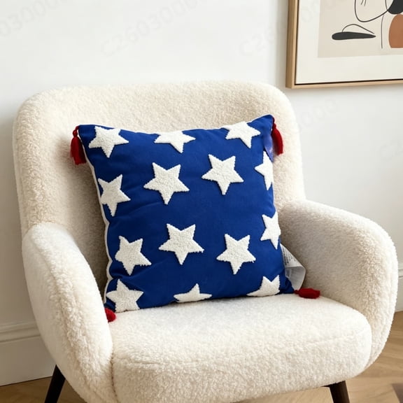4th of July Embroidered Throw Pillow, 18x18 Inch Patriotic Star Decor Tufted Patterned Linen Cushion Case for Sofa Couch (1PC)