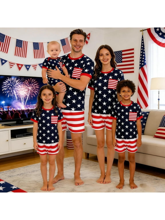 4th of July Family Matching Outfits Red White Blue Patriotic Short Sleeve Tops and Shorts Set