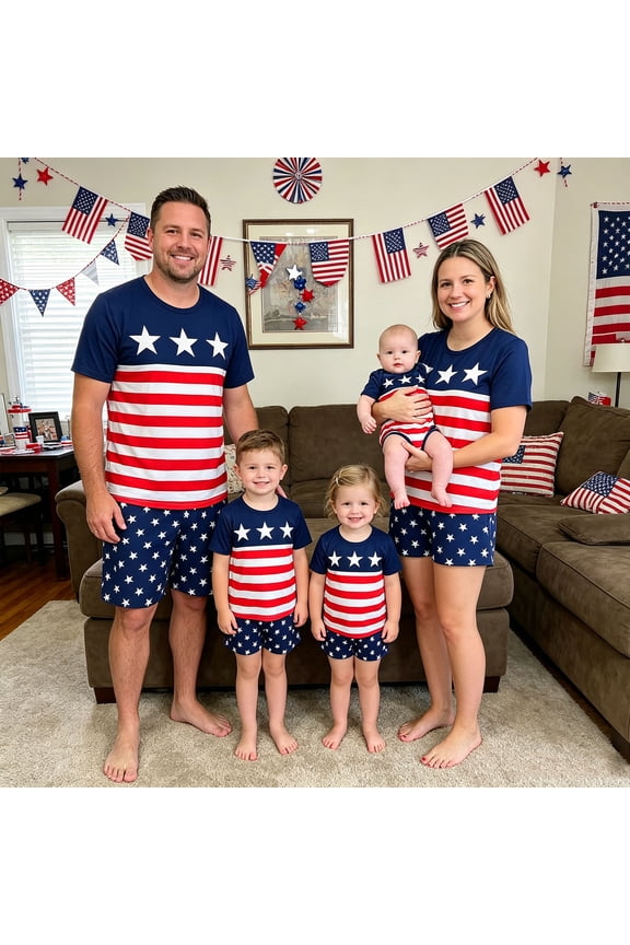 4th of July Family Matching Outfits Red White Blue Patriotic Short Sleeve Tops and Shorts Set