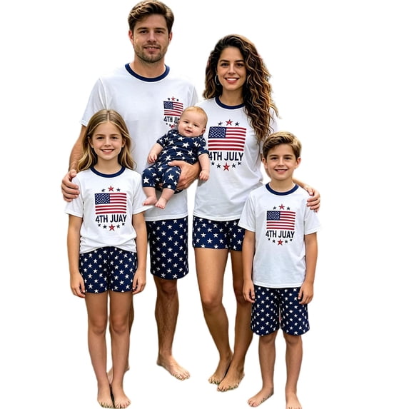 4th of July Family Matching Outfits Red White Blue Patriotic Short Sleeve Tops and Shorts Set