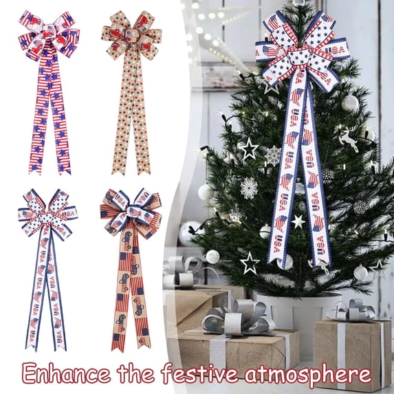4th of July Flag Bow, Red White Blue Star Print Ribbon Knot Hanging Decor for Independence Day Party and 4th of July Celebration,July 4th Decorations