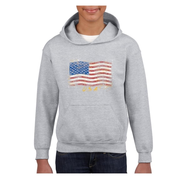 4th of July Flags American Flag in Gold Unisex Hoodie For Girls and Boys Youth Sweatshirt