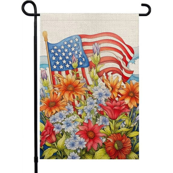 4th of July Floral Garden Flag Vertical Double Sided Summer Patriotic USA Flag Memorial Day Independence Day Outside Decorations Yard Flag