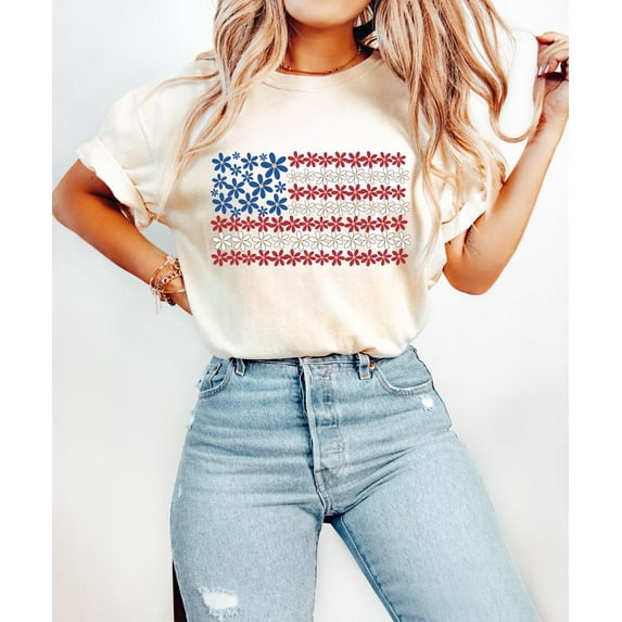 4th of July Floral US Flag Shirt, 4th of July Tee, Flag With Flowers T-Shirt, 4th of July Graphic Tee, Women's 4th of July Tee