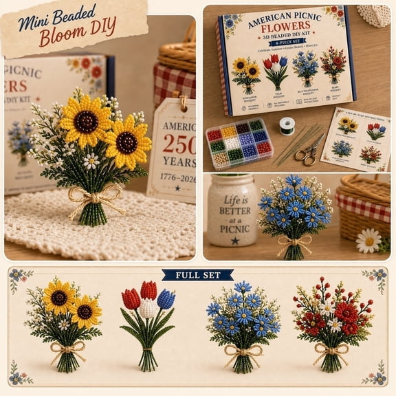 4th of July Flower Mini 3D Beaded DIY Craft Set Patriotic Jewelry Making Kit for Independence Day Party Favors20*3*12cm