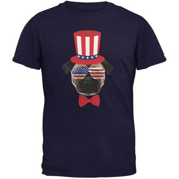4th of July Funny Pug Navy Adult T-Shirt - X-Large