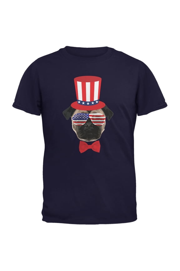 4th of July Funny Pug Navy Adult T-Shirt - X-Large
