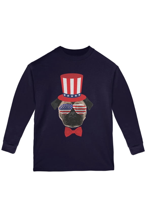 4th of July Funny Pug Youth Long Sleeve T Shirt Navy YLG