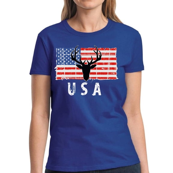 4th of July Gift Women Shirt Hunting Deer USA S M L XL 2XL 3XL Graphic Tee