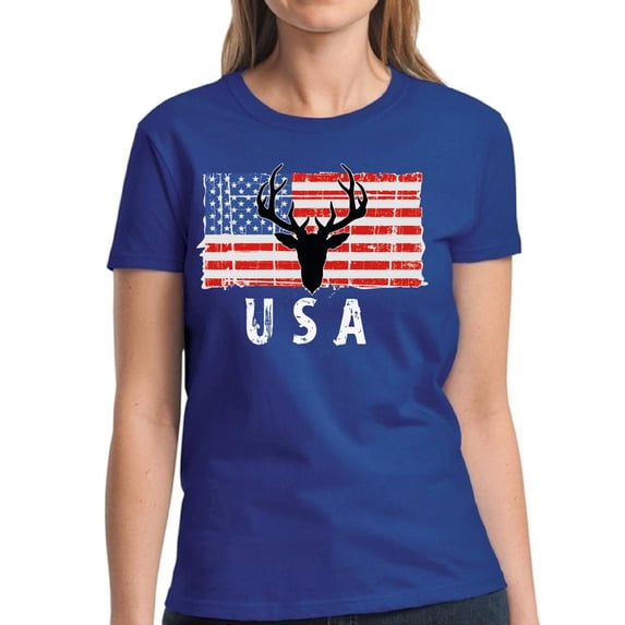 4th of July Gift Women Shirt Hunting Deer USA S M L XL 2XL 3XL Graphic Tee