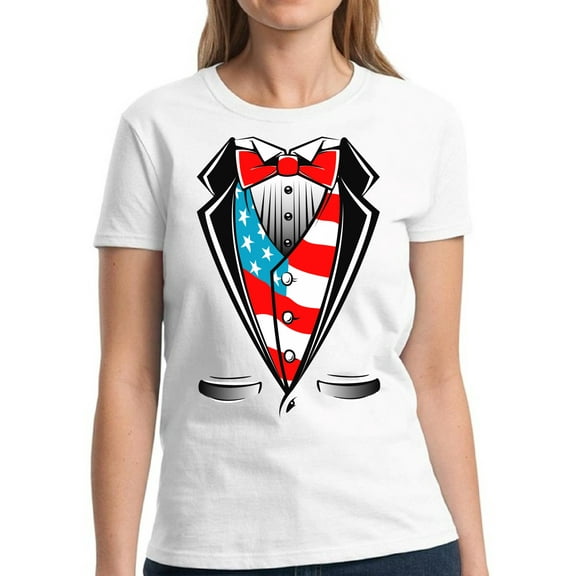 4th of July Gift Women Shirt Tuxedo American Flag S M L XL 2XL 3XL Graphic Tee