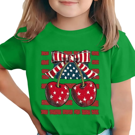 4th of July Girls Patriotic Shirt American Flag Cherry Bow Graphic Tee Kids Independence Day Summer Top Green,Size 9-10T