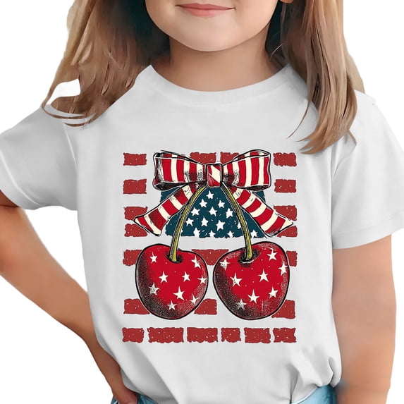 4th of July Girls Patriotic Shirt American Flag Cherry Bow Graphic Tee Kids Independence Day Summer Top White,Size 3-4T