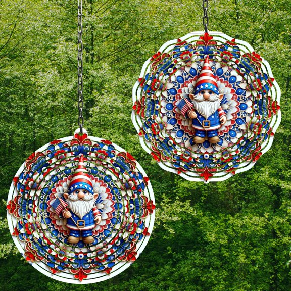 4th of July Gnome 10 Inch Metal Wind Spinner, 3D Kinetic Outdoor Hanging Garden Decor for Yard Patio, Holiday Garden Decor